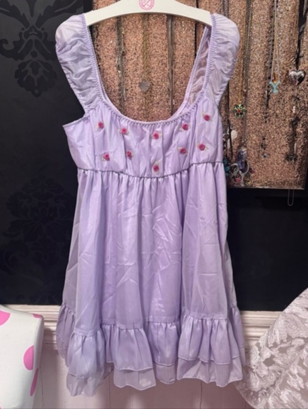 Dolls Kill × dELiA*s Lavender Ruffle Strap & Hem Mini Dress W/Embroidered Mesh-L
